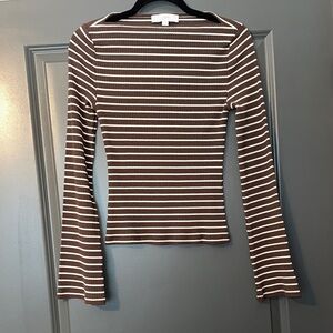 LOFT Brown and White Striped Long Sleeve Tee